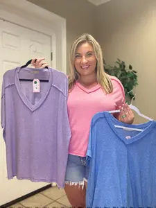 Soft Melange Hacci V Neck Short Sleeve Hi Low Tee