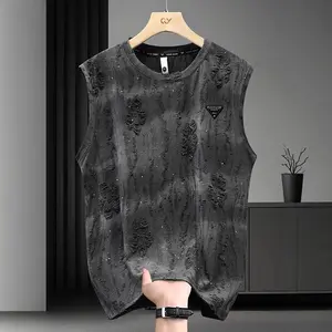 Summer sleeveless t-shirt, men's versatile loose sleeveless t-shirt round neck casual ripped off camisole top