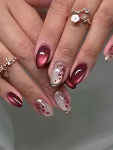 Cherry Blossom Press on Nails, Burgundy Cat Eye Glue on Nails, Gold French Tip Sakura Nails, Deep Red Cat Eye Velvet Nails, Wedding Nails