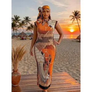 Women's Slim-Fit Printed Dress Set – Shawl & Silk Scarf, Summer Beach Cover-Up for Sun Protection & Swim
