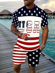 Men's Casual Summer Set, Short Sleeve Tee & Shorts, American Flag Pattern, Fitted Design, Perfect for Travel & Daily Wear