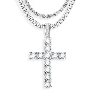 YADOCA 925 Sterling Silver Cross Necklace Men - CZ Cross Pendant Layered Necklaces Waterproof Stainless Steel Cuban Link Rope Chain Silver Necklace Stack Jewelry with Gift Box 16-30 Inches