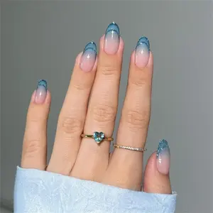 Glossy Gradient Blue Edge Iridescent Glitter Fake Nails With Jelly Glue & Rubbing Strip, 24pcs Artificial Full Covers Nail Art Kit