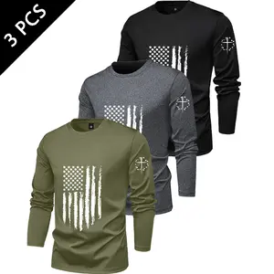 Men's fashion casual long-sleeved crew neck T-shirt, 3-pack, featuring American flag print.  Stylish and trendy men's top for spring and autumn, suitable for street wear, outdoor activities, camping, and makes a great gift for husbands or boyfriends.