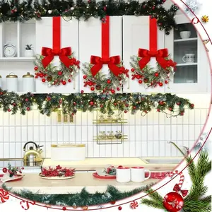 6-Pcs Small Cabinet Hangers Kitchen Door Decor Christmas Mini Window Wreaths with Ribbon Bows & Red Berries | Farmhouse Style for Christmas Party Arrangements