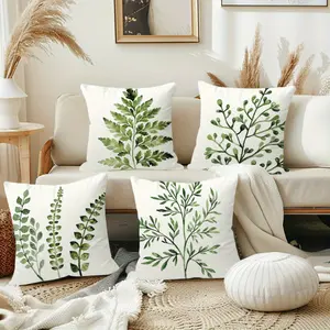 4pcs Bohemian Style Pillowcase Set Elegant Sage Green Eucalyptus Leaf Pattern, Soft Polyester Country Style Decorative Cushion Cover with Zipper Closure, Square Living Room Bedroom Sofa Cushions, No Filling Needed, Easily Washable Polyester Materia, Pillo