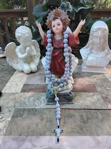 Light Gray 10mm Bead Rosary with Silver Holy Family Medal and Black and Silver Cross