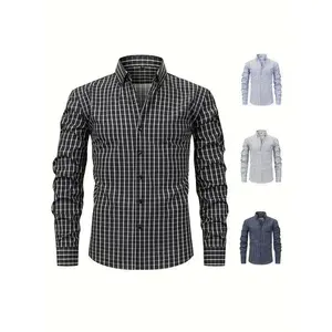 2026 New Men's Classic Checkered Long Sleeve Shirt - Elegant Business Casual Regular Fit Button-Up with Pointed Collar & Umbrella Hem, Hand Washable for Spring/Fall Seasons