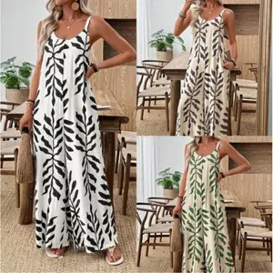 Women's Leaf Print Wide Leg Jumpsuit, Casual Sleeveless Cami Romper with Pockets, Summer Boho Vacation Outfit