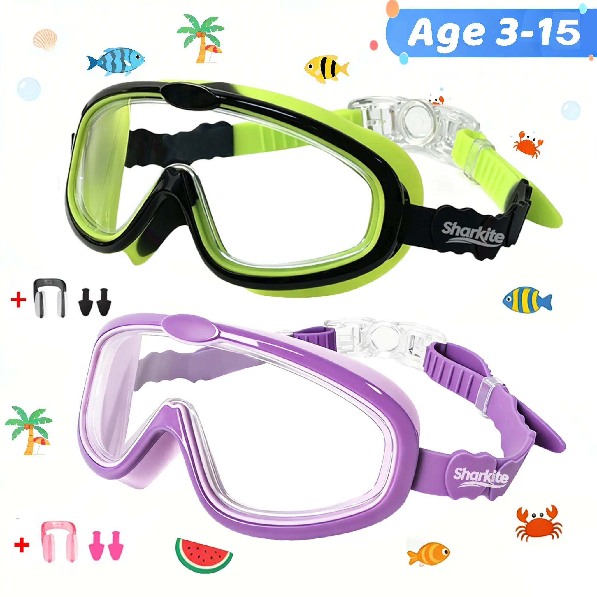Sharkite Kids Swim Goggles 2 Pack Anti-fog Anti-UV Wide View Kids Swimming Goggles 4-15 years old