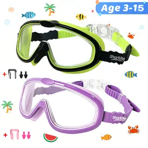 Sharkite Kids Swim Goggles 2 Pack Anti-fog Anti-UV Wide View Kids Swimming Goggles 4-15 years old
