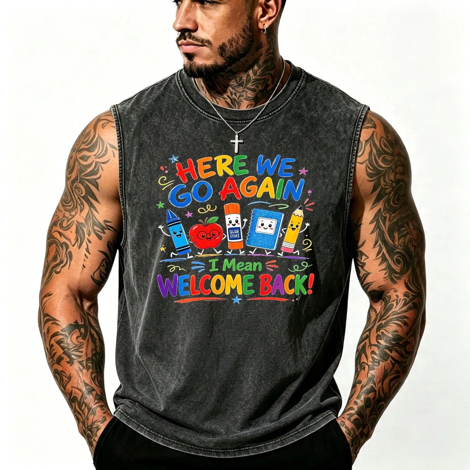 Men's Washed Loose Vintage Casual Vest - Menswear, Funny Welcome Back Teacher First Day Back To School Classroom Supplies Teacher Gift, Baggy, Oversized