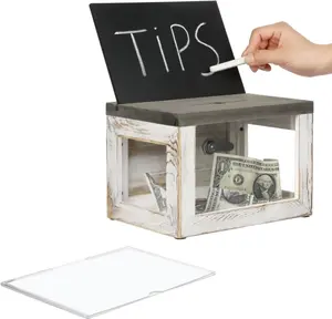 Mygift Tip Jar Box, Donation Offering Box Church, Suggestion Box with Clear Acrylic Panel, Lock, Key, Removable Chalkboard and Sign Holder, 9 X 6 Inch Whitewashed and Weathered Gray Wood MyGift