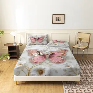 3Pcs Luxury Pink & Blue Butterfly Floral Print Microfiber Bed Fitted Sheets Sets, Including 1 Count Fitted Sheet & 2 Counts Pillowcase without Filler, Soft Comfortable Bedding Set For Home Bedroom, Decorative Bedsheet Sets, Breathable Durable Sheets