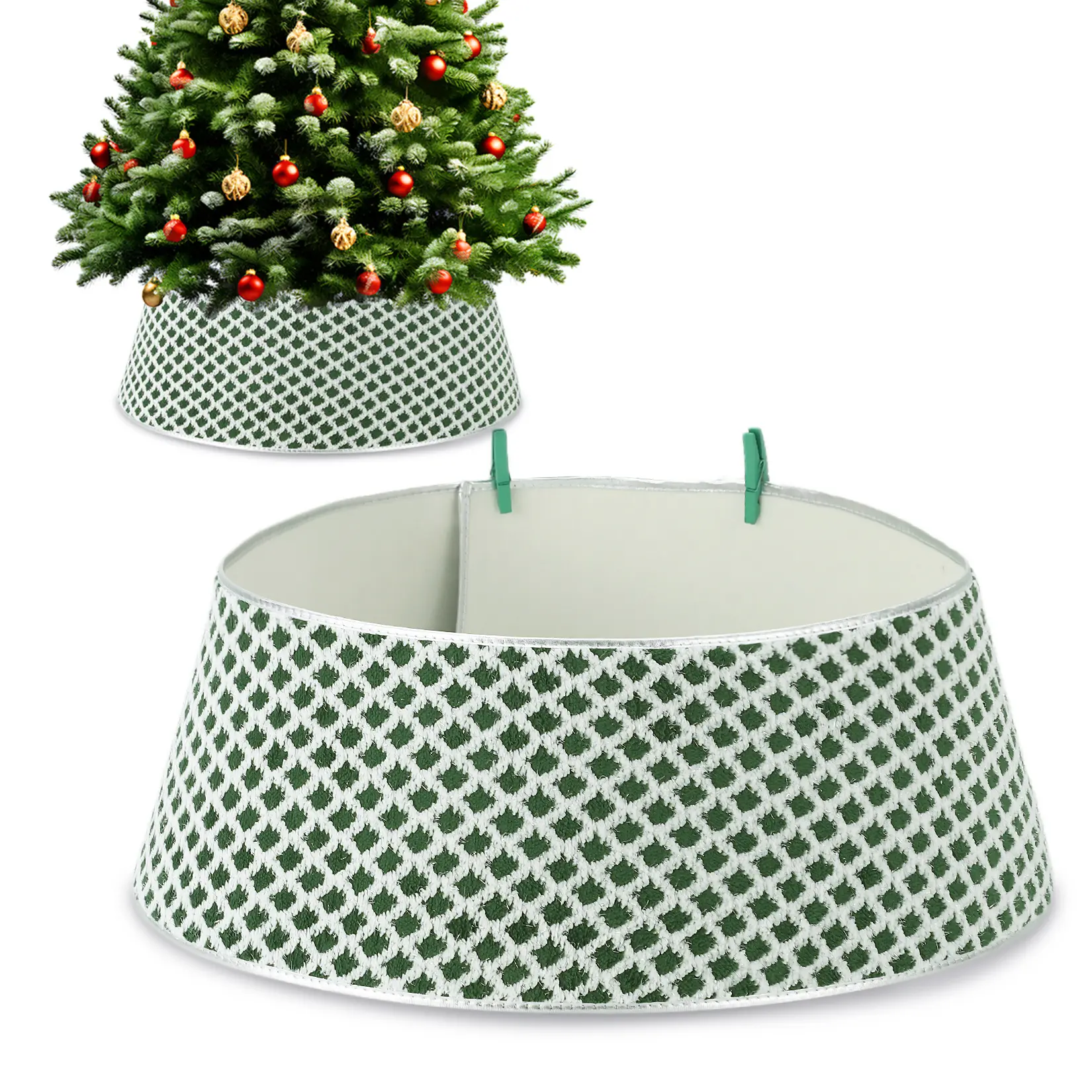 33 Inch Christmas Tree Collar Holiday Party Decoration, Diamond-Grid Design Plush Christmas Tree Skirt with 2 Matching Clips, Holiday Home Decor Stand Base Cover, Green/Red/Silver