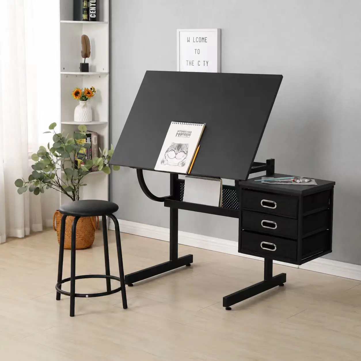 drafting  table > Height Adjustable Drafting Drawing Table Set with Stool and 3 Storage Drawers, Tilting Art Craft Workstation for Artists, Students, Home Studio #DraftingTable #ArtistDesk #CraftTable #ArtStudio #DrawingDesk #DeskSetup #TikTokMadeMeBuyIt