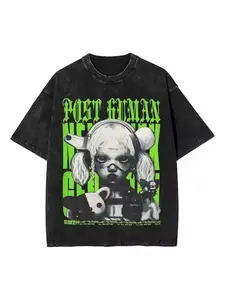 Vintage Washed Loose Men's T-Shirt, Y2K Street Style Cyberpunk Print, Unisex Short Sleeve, Retro Cartoon Pattern, Summer Top