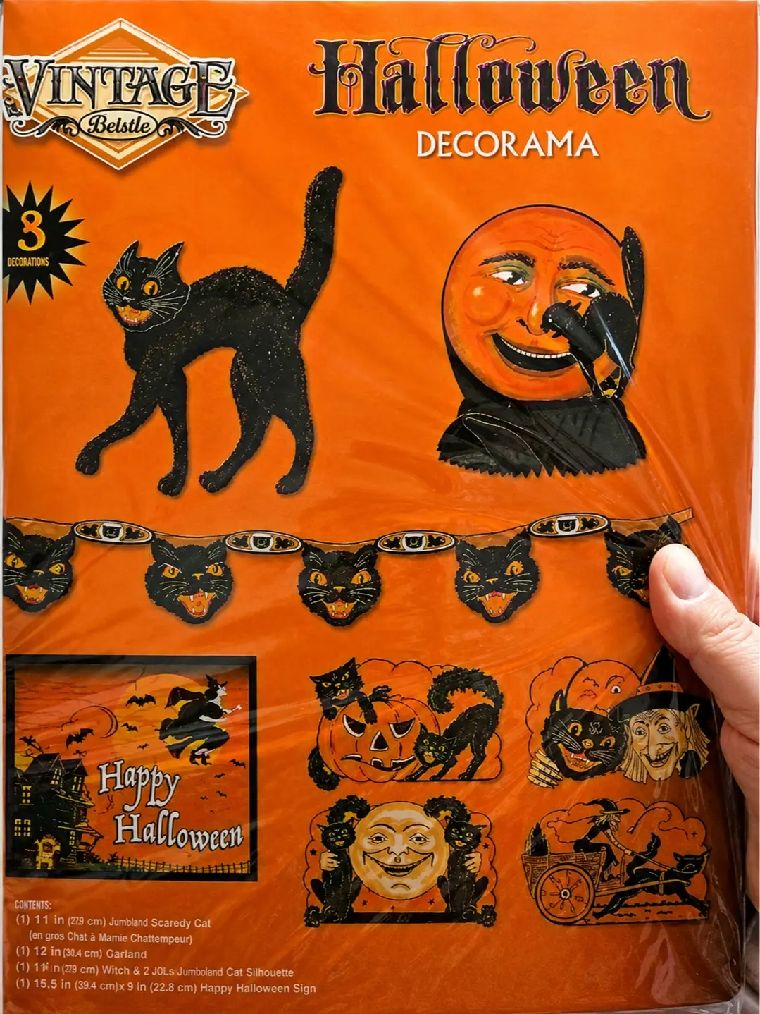 Beistle Vintage Halloween Decorama Decoration Kit – 13 Pieces – Retro Halloween Wall & Party Decorations with Black Cat, Moon, Streamer, Cutouts & Happy Halloween Sign