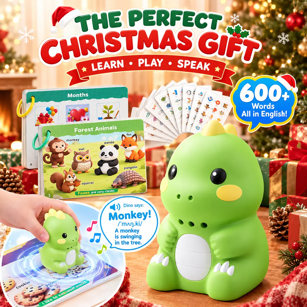 Dinosaur Talking Flash Cards, Interactive Learning Toy with 84 Double-Sided Cards, 600 Words, 168 Phrases & 8 Pages of Stickers, Montessori Phonics, Sight Words, Record & Repeat, Screen-Free Educational Toy for Kids Ages 3-8, Birthday Gift