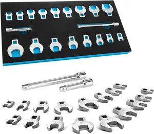3/8" Drive Crowfoot Wrench Set with 2 Extension Bars, SAE & Metric, 19-, 10-22mm & 3/8"-7/8", CR-V Steel, with EVA  Tool Organizer