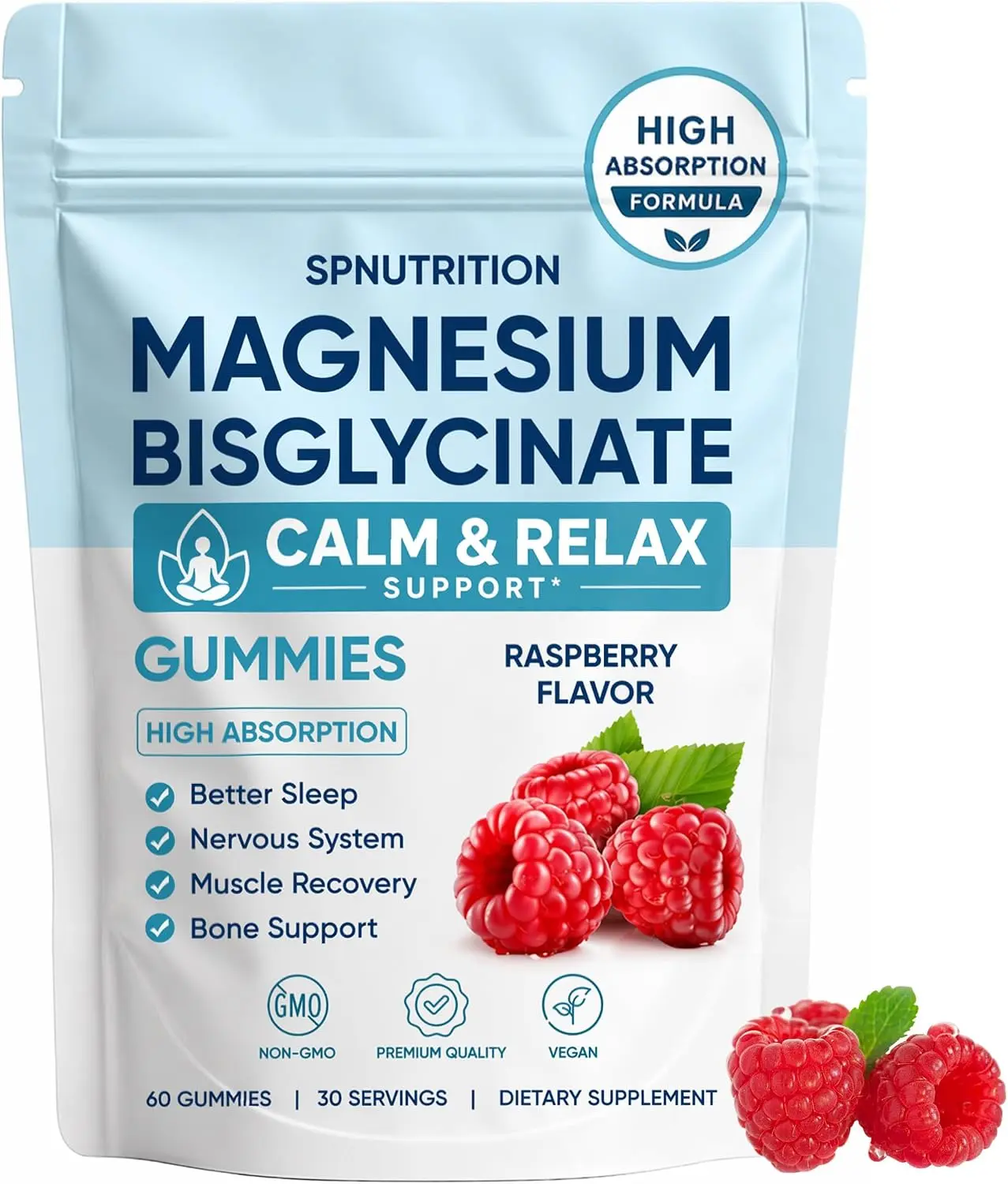 Magnesium Bisglycinate Gummies, 400mg Magnesium Bisglycinate Chelate with Sea Salt & Raspberry Powder, Supports Sleep, Nerve & Muscle Relaxation, Bone Health Support, Vegan, 60 Gummies