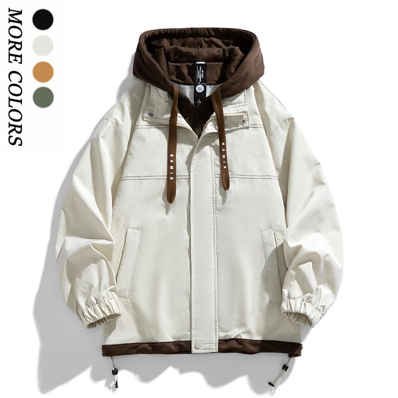 Men's multi-color spliced fake two-piece pocket long-sleeved lace-up hooded jacket, suitable for commuting, outdoor activities, and sports wear. It is a must-have thick jacket in autumn and winter.