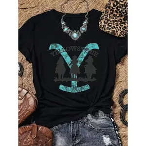 Women's Cowboy & Cowgirl Print Round Neck Tee, Fashion Casual Crew Neck Short Sleeve T-shirt for Daily Wear, Ladies Sleepwear for All Seasons, Top