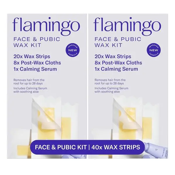 Flamingo Face & Bikini Wax Kit for Women, At Home Wax Strips for Facial Hair Removal and Pubic Hair, 40 Wax Strips, 16 Post-Wax Cloths & 2 Calming Serums, No Heat Waxing Kit, Pack of 2