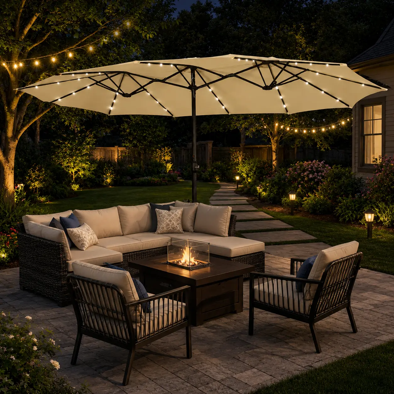 【Solar Lights】Yaheetech 2026 Upgrade 15/13ft Large Patio Umbrella, Outdoor Double-Sided Rectangle Umbrella with 36 LED Lights & Crank for Patio Garden Pool Lawn Backyard, Base Included,home decor,camping essentials