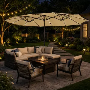 【Solar Lights】Yaheetech 2026 Upgrade 15/13ft Large Patio Umbrella, Outdoor Double-Sided Rectangle Umbrella with 36 LED Lights & Crank for Patio Garden Pool Lawn Backyard, Base Included