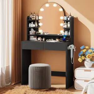 Vanity Desk with Arched Mirror LED Lights 3 Colors Power Outlet Small Makeup Table 2 Drawers 6 Shelves Women Girls Vanity for Small Space Black Multifunctional with Hair Dryer Holder & Charging Station  vanity  mirror home  furniture