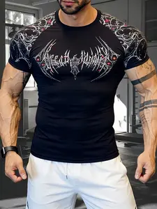 Men's Totem Print Quick-Dry Fitness Shirt, Slim Fit Breathable Sports T-Shirt, Running Training Elastic Tight Top, Casual Loose-Fitting