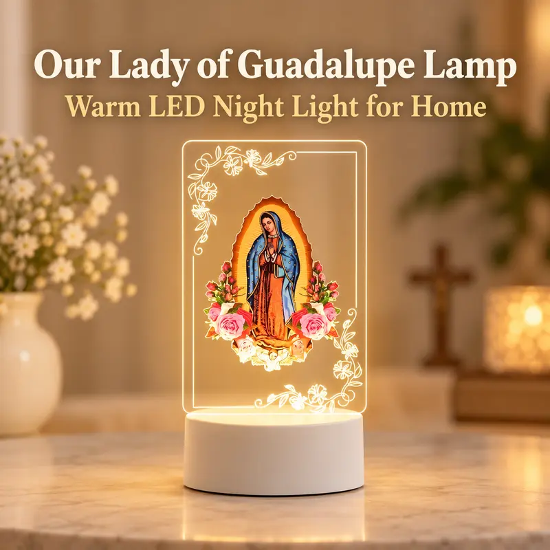 Virgin of Guadalupe Acrylic LED Nightlight - 7-Color USB-Powered Table Lamp, Durable and Elegant LED Decorative Accessories, Energy-Efficient Ambient Light, Calming Home Decor for Bedroom, Religious Gift for Loved Ones