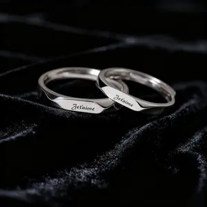 Artificial Gemstone Couple Rings - French "I Love You" Engraved, Open Adjustable Index Finger, Romantic Personalized Commemorative Gift, Fashionable Simple Engagement Wedding Jewelry, Engraved Wedding Rings, Engraved Ring