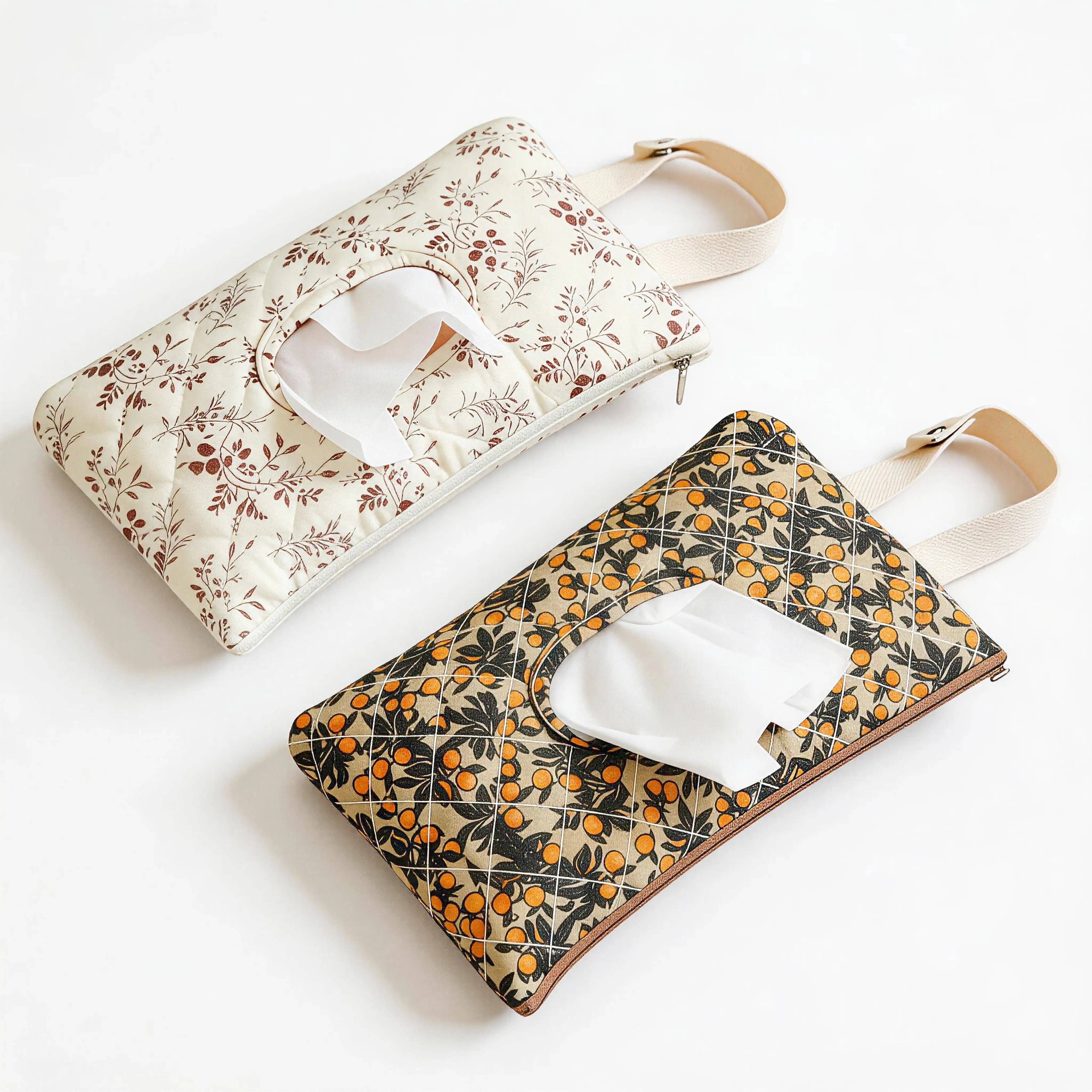 Beige Textured All-Over Print Hanging Floral Wet Wipes Bag with Smooth Strap - Lightweight Home Organizer, Car Storage Pouch, Travel-Light Pouch for Diaper/Tissue Organization