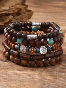 5-Piece Boho Beaded Bracelet Set, Handmade Multi-Layer Elastic Rope Jewelry, Boho Style Jewelry, Peace Tree Design, All-Season Fashion Accessories