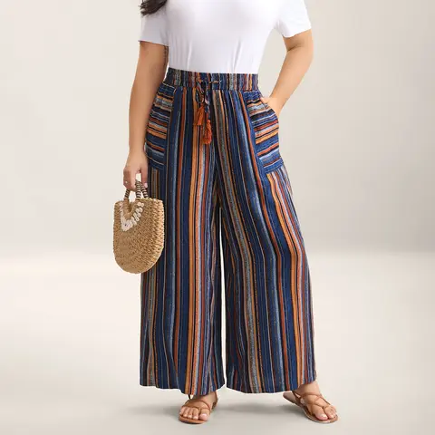 BloomChic Boho Stripes Drawstring Wide-Leg Pants 【M-6XL】