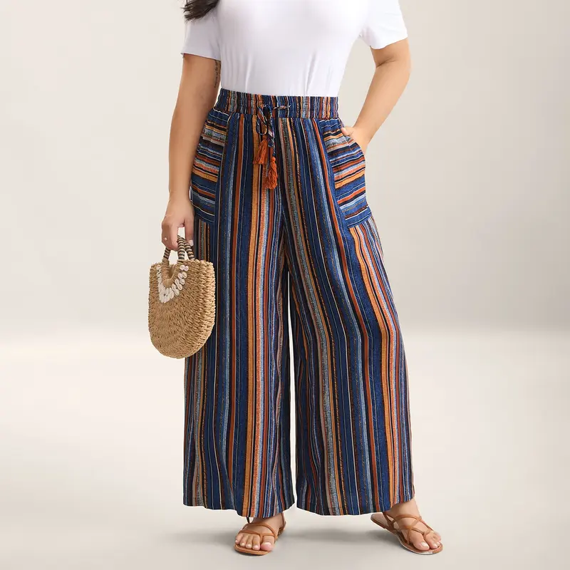 BloomChic Boho Stripes Drawstring Wide-Leg Pants 【M-6XL】