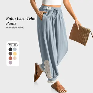 【SS26 Collection】TARSE Women’s Boho Linen Blend Harem Pants Loose with Lace Trim Casual Vintage Lantern Travel Drawstring Cropped Pants with Pockets