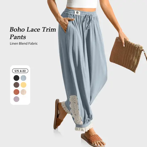 【SS26 Collection】TARSE Women’s Boho Linen Blend Harem Pants Loose with Lace Trim Casual Vintage Lantern Travel Drawstring Cropped Pants with Pockets
