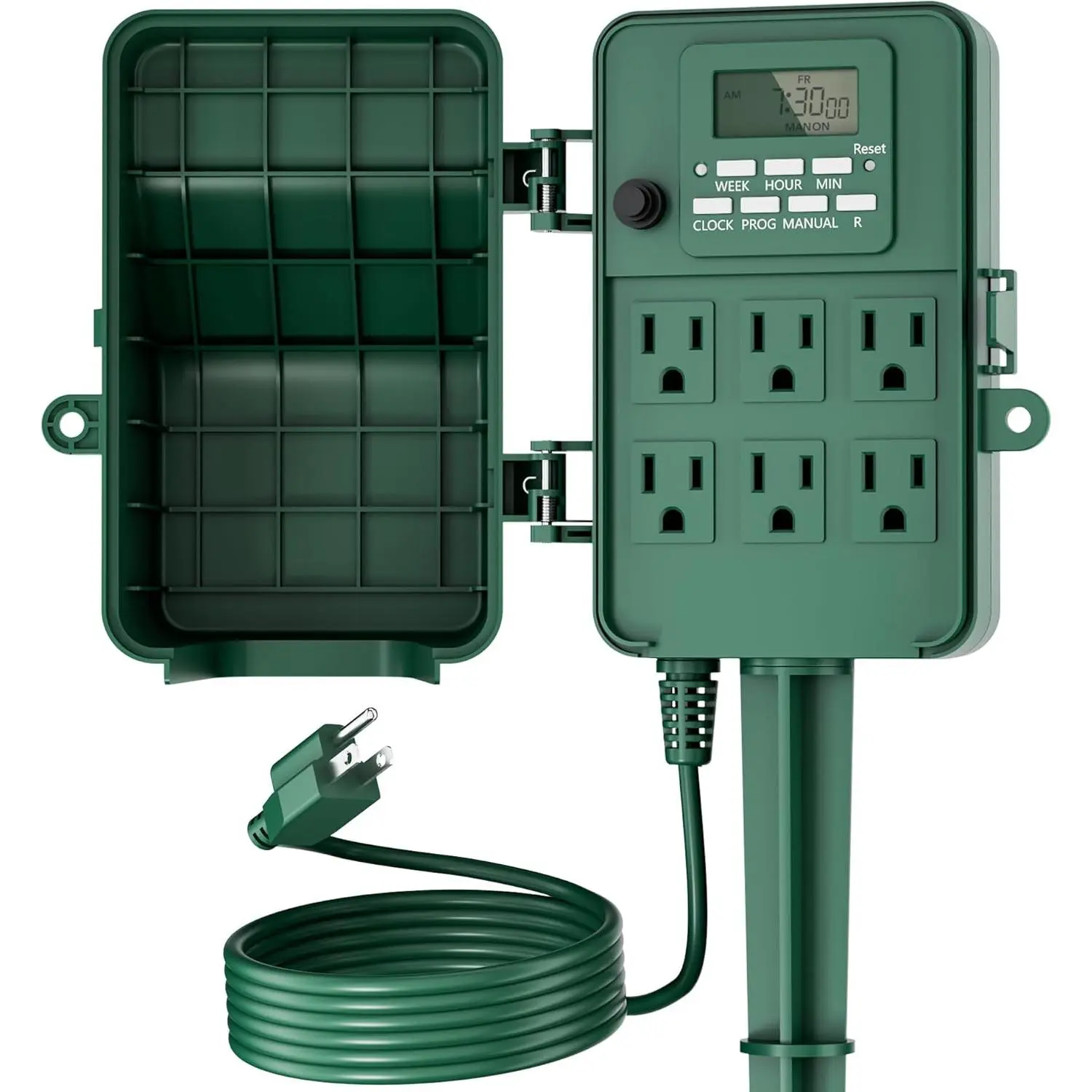 Discreet Outdoor Power Stake Electrical Accessory - 7-Day Programmable Digital Timer, 6 Outlets, 6FT Extension Cord, for Christmas, Garden Decorations, ETL Listed, Manufacturer Warranty