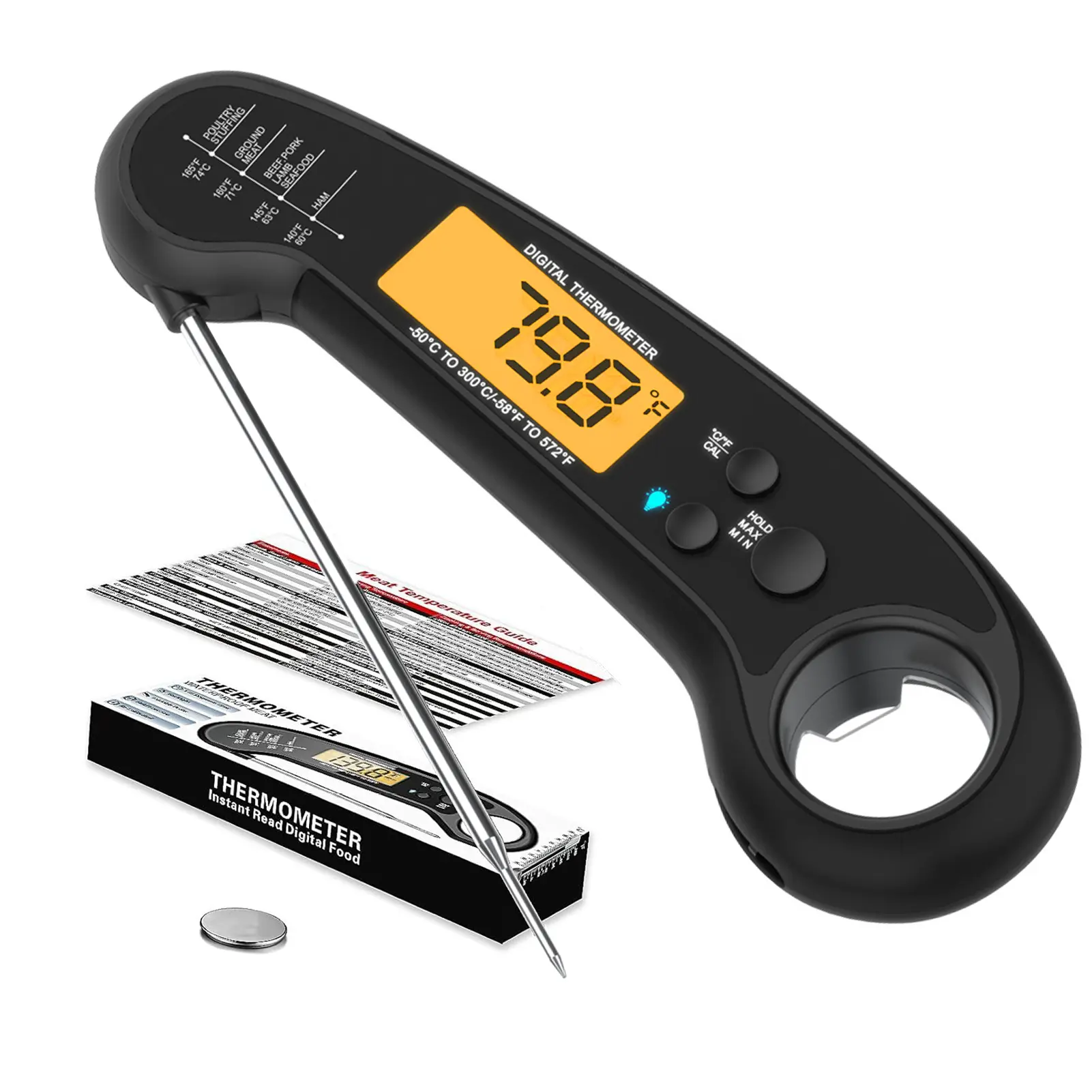 Waterproof Digital Instant Read Meat Thermometer with 4.6-in Folding Probe, LCD Backlight, Calibration Function - Kitchen Thermometer Utensil for Cooking, Candy Making, Batteries Included, BBQ, Turkey Measurement