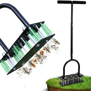 RIFPOD Double Layer Lawn Aerator Automatic Dirt and Leaf Clean Design,Grass Aerator for Yard and Garden,Soil renovation Hydrophobic permeation Revives Lawn Health , Heavy Metal Spring Duty Lawn Aerator Tool with 15 Iron Spikes Height Adjustable