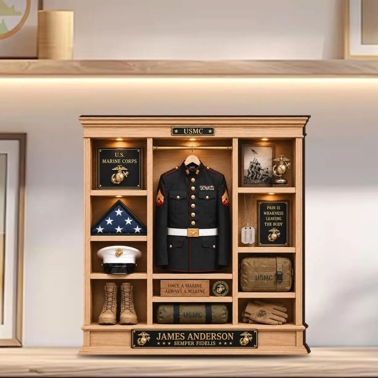 Personalized USMC Shadow Box, Custom Marine Corps Retirement Gift, USMC Veteran Keepsake, Marine Service Display, Military Desk Decor