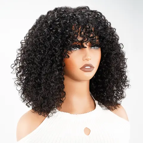 Women's QVR Jerry Curly Short Bob Wig with Bangs - Glueless Wavy Blonde Remy Human Hair Full Machine Wig, Female, Easy On/Off, Soft, Average Size