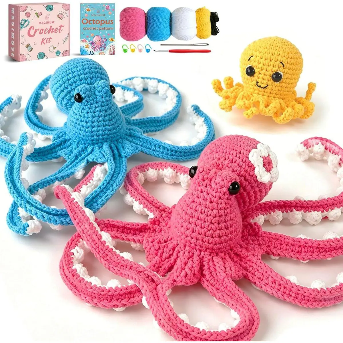 Crochet Kit for Beginners, Octopus Family Amigurumi Craft Kit | Includes Step-by-Step Video Tutorials and 40% More Yarn, Ideal for Beginner Crochet Projects.