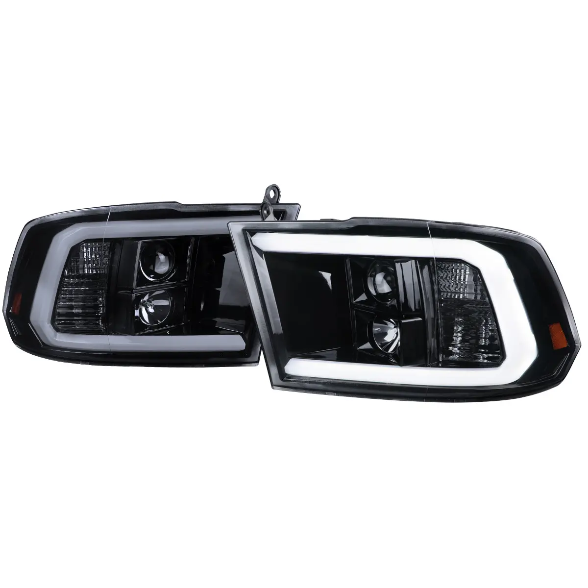 2009-2018 Dodge RAM 1500 / 2019-2021 RAM Classic / 2010-2018 2500 3500 LED C-Bar Projector Headlights (Glossy Black Housing/Smoked Lens)
