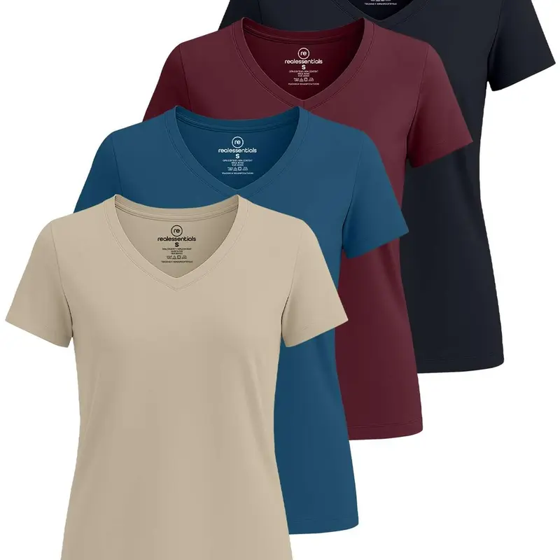 Real Essentials 4 Pack: Women's Classic-Fit Cotton Short-Sleeve V-Neck T-Shirt (Available in Plus Size)