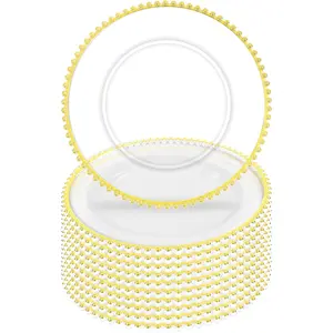 10Pcs Clear Charger Plates Bulk Wedding - 13" Premium Clear Plastic Chargers with Gold Beaded Rim，Decorative Dinner Charger Plates for Events & Parties