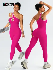 Women's Colorblock Asymmetrical Neck Hollow Out Sleeveless Spring Summer Knit Yoga Sporty Jumpsuit, Casual Fashion Sportswear